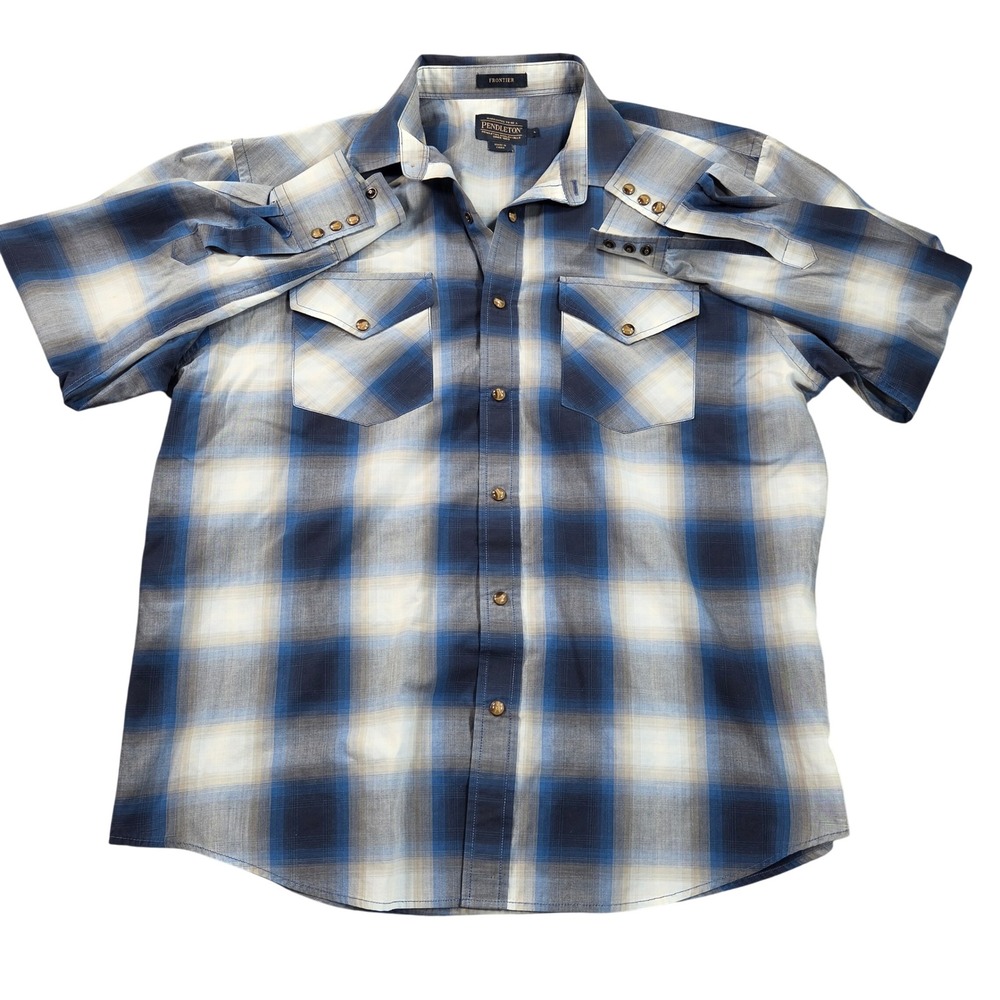 Pendleton Frontier Western Shirt Mens Large Blue Plaid Long Sleeve DA029-79045